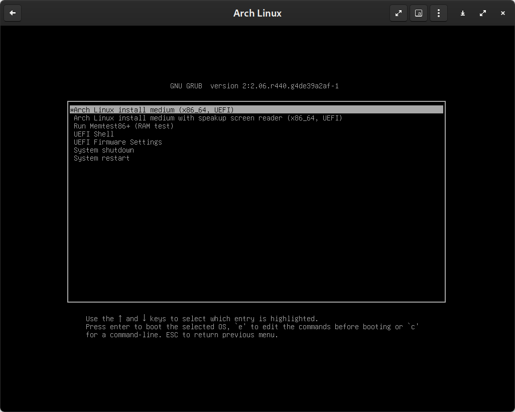 Arch Linux BIOS GRUB boot screen
